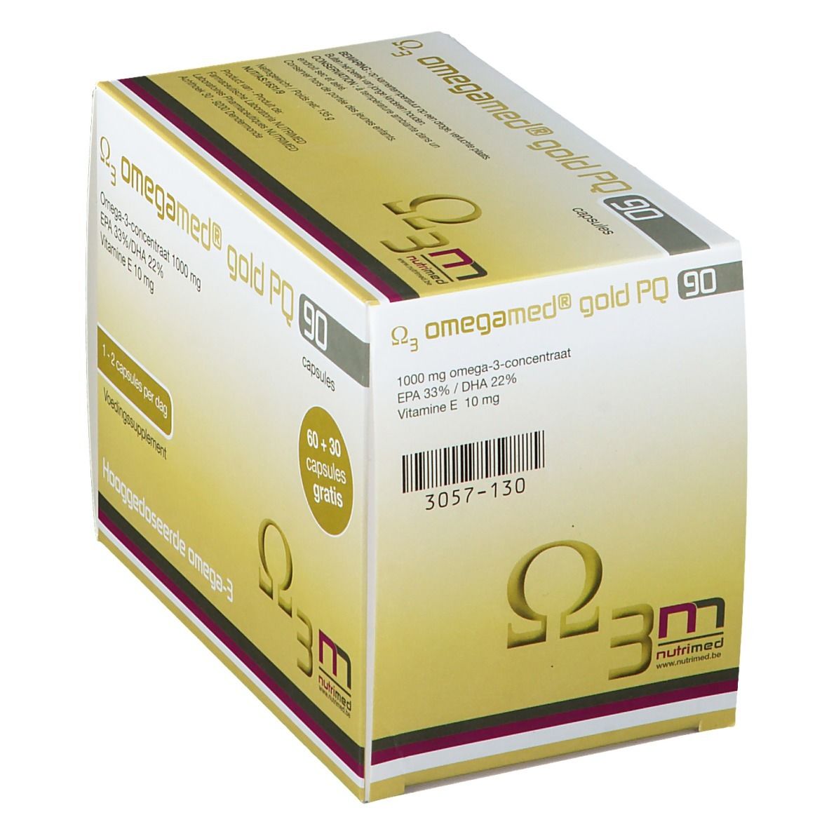 Boîte Omegamed® Gold PQ 90. Contient 90 capsules. Inscription: Oméga-3, 1000 mg, EPA 33%/DHA 22%, Vitamine E 10 mg. 60+30 capsules gratuites.