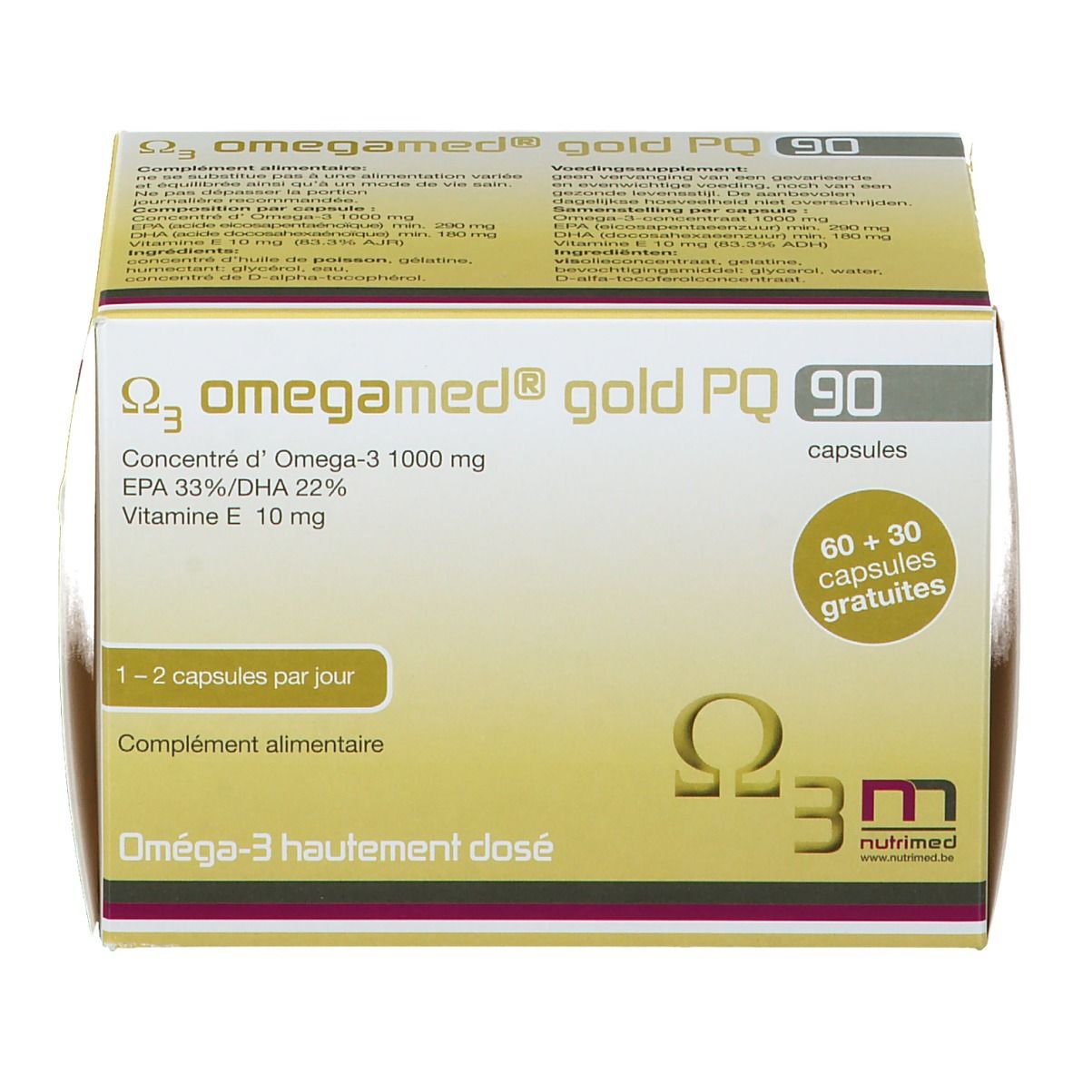 Boîte Omegamed® Gold PQ 90. Contient 90 capsules. Inscription: Oméga-3, 1000 mg, EPA 33%/DHA 22%, Vitamine E 10 mg. 60+30 capsules gratuites.