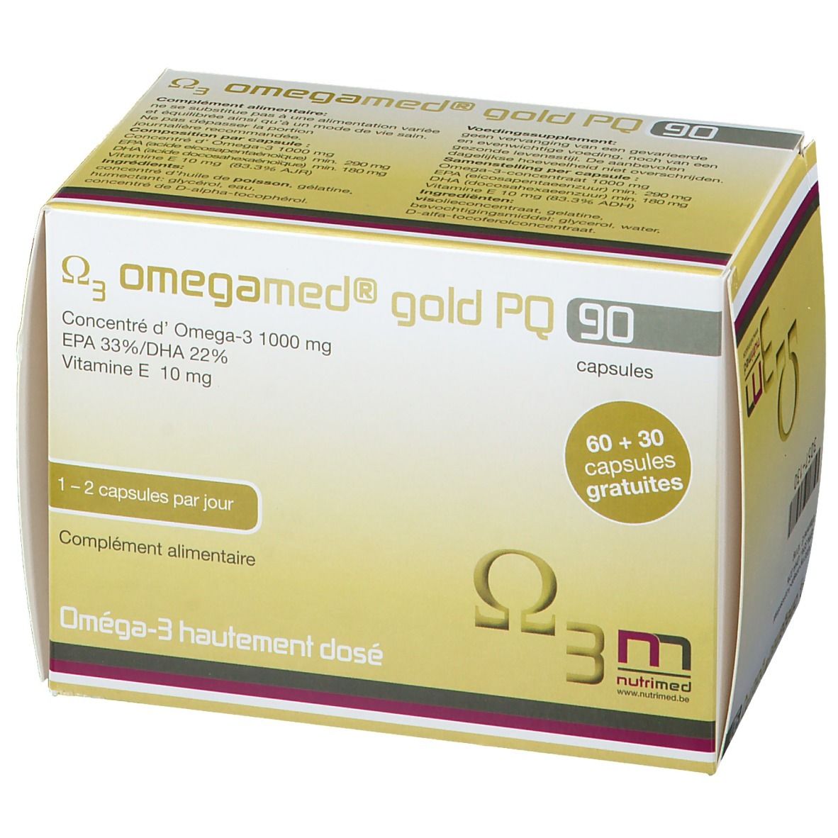 Boîte Omegamed® Gold PQ 90. Contient 90 capsules. Inscription: Oméga-3, 1000 mg, EPA 33%/DHA 22%, Vitamine E 10 mg. 60+30 capsules gratuites.