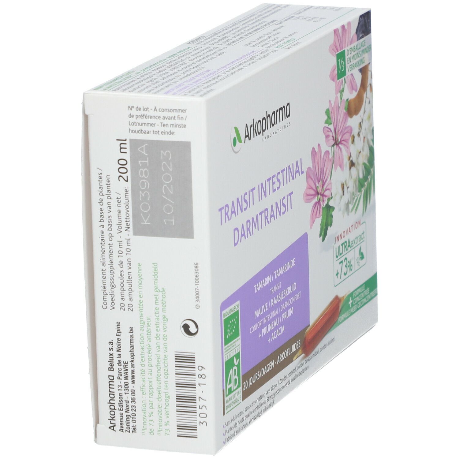 Doos Arkopharma Arkofluides Darmtransit. 20 ampullen. AB Bio label. Tekst: Transit intestinal.