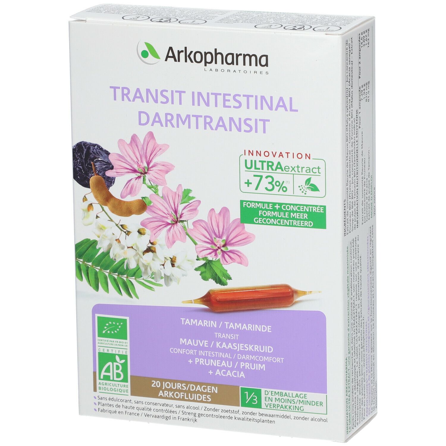 Doos Arkopharma Arkofluides Darmtransit. 20 ampullen. AB Bio label. Tekst: Transit intestinal.