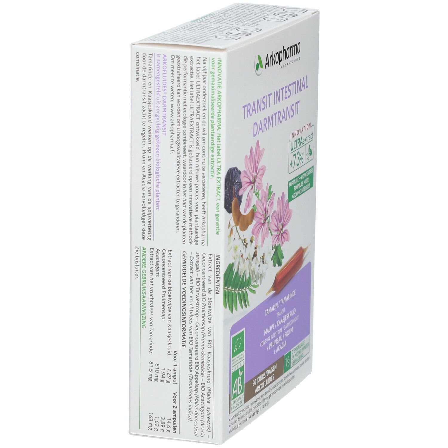 Doos Arkopharma Arkofluides Darmtransit. 20 ampullen. AB Bio label. Tekst: Transit intestinal.
