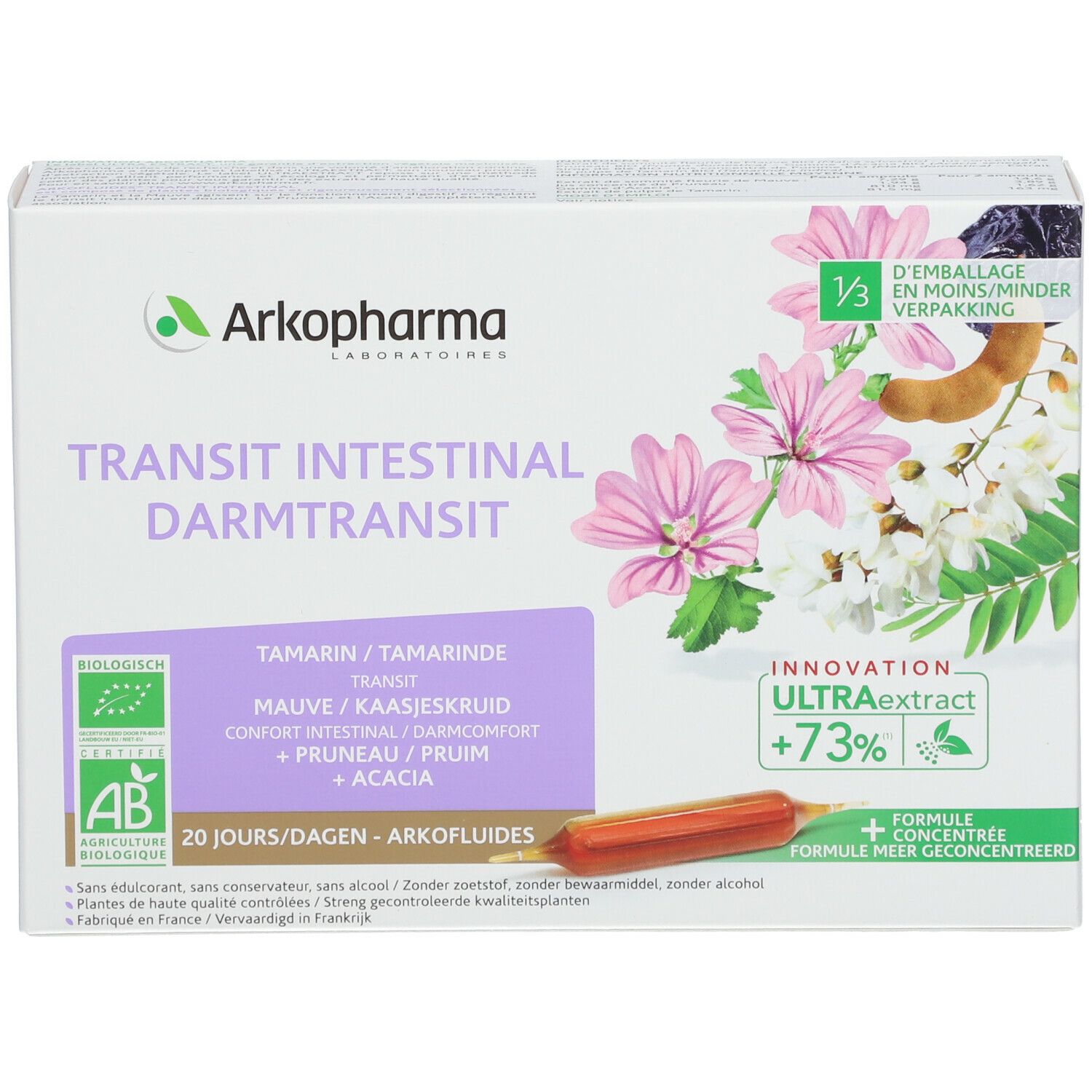 Doos Arkopharma Arkofluides Darmtransit. 20 ampullen. AB Bio label. Tekst: Transit intestinal.