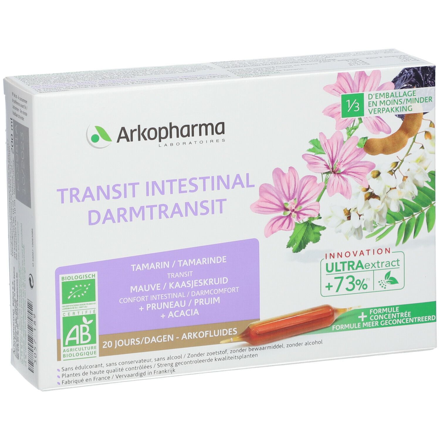 Doos Arkopharma Arkofluides Darmtransit. 20 ampullen. AB Bio label. Tekst: Transit intestinal.