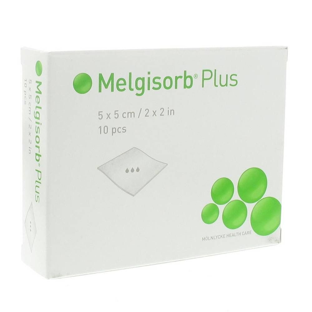 Boîte de Melgisorb® Plus. 5 x 5 cm, 10 pièces. Boîte blanche avec logo vert et informations produit.