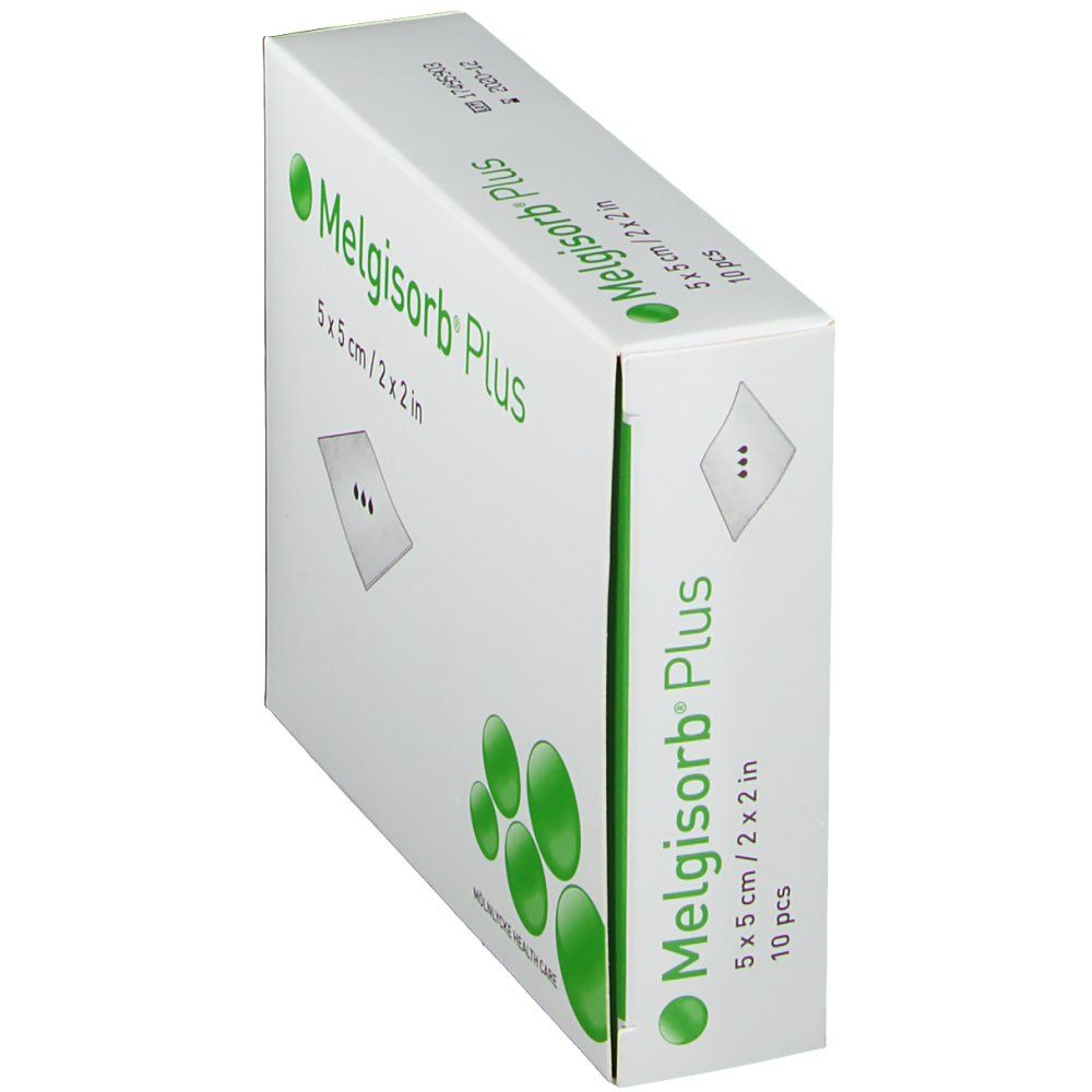 Vue en biais de la boîte Melgisorb® Plus. Boîte blanche avec logo vert et informations produit. 5 x 5 cm, 10 pièces.
