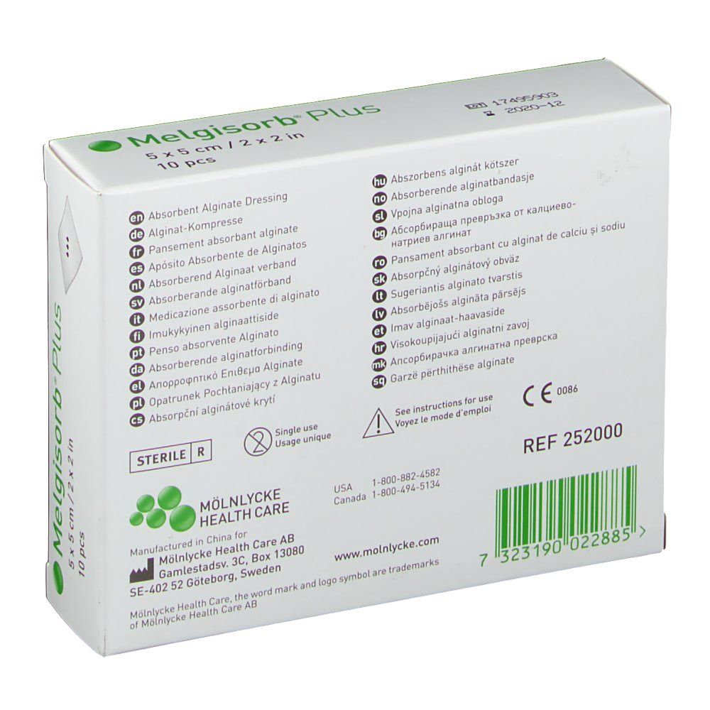 Dos de la boîte Melgisorb® Plus. Contient informations produit, fabricant, marquage CE et code-barres.