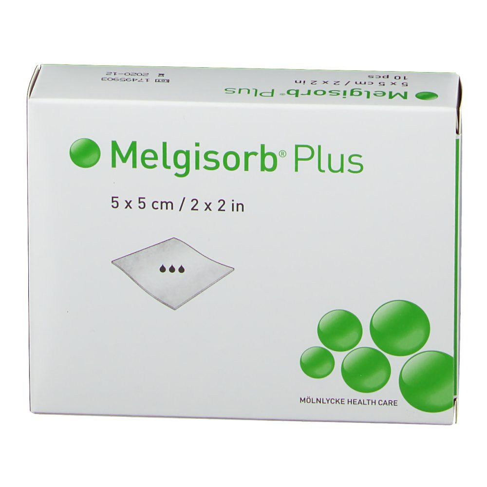 Boîte Melgisorb® Plus. Boîte blanche avec logo vert et informations produit. 5 x 5 cm, 10 pièces. Vue de dessus.