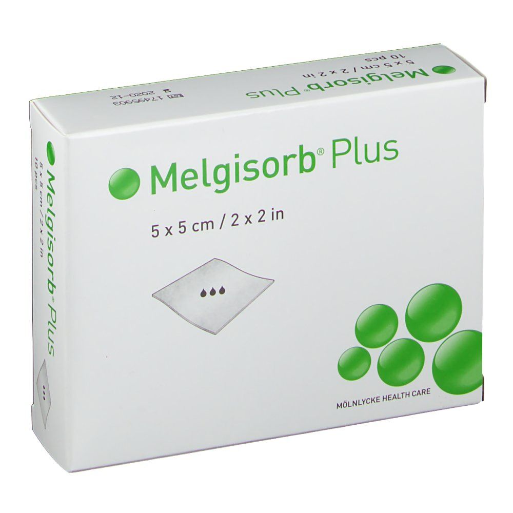 Boîte Melgisorb® Plus. Boîte blanche avec logo vert et informations produit. 5 x 5 cm, 10 pièces. Vue de dessus.
