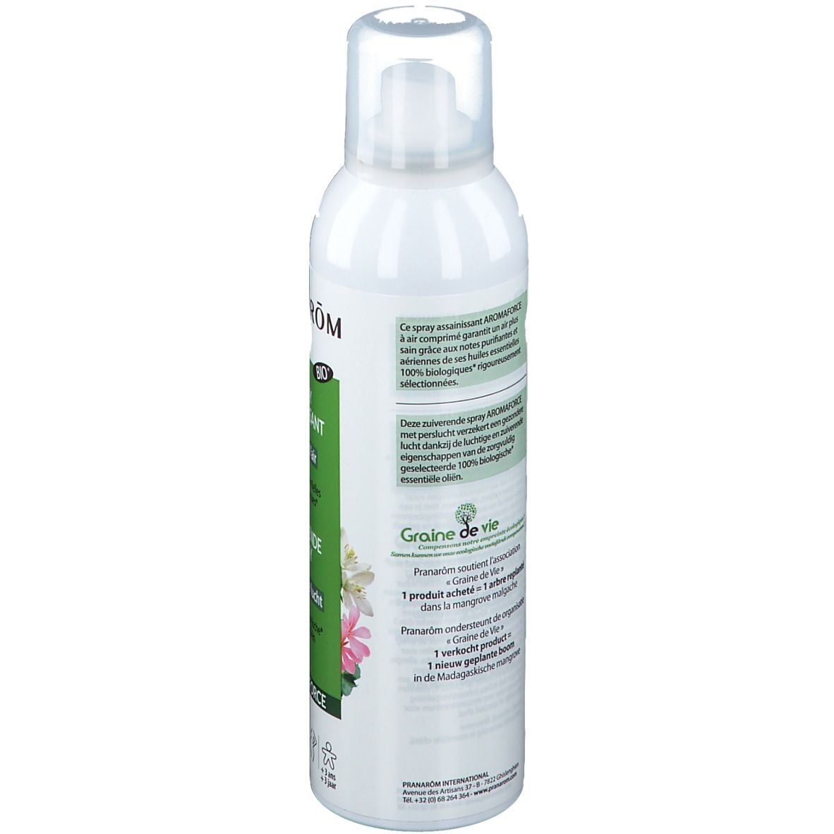 Dos du spray blanc. Texte: informations sur les ingrédients et les certifications. Avec label bio.