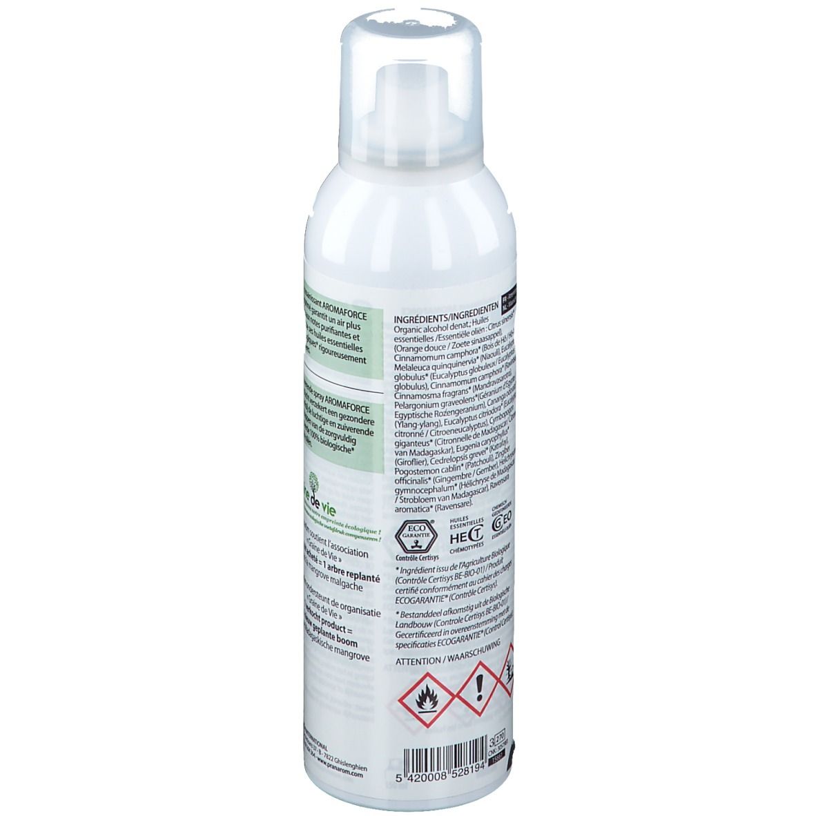 Dos du spray blanc. Texte: ingrédients, avertissements et certifications. Avec label bio.