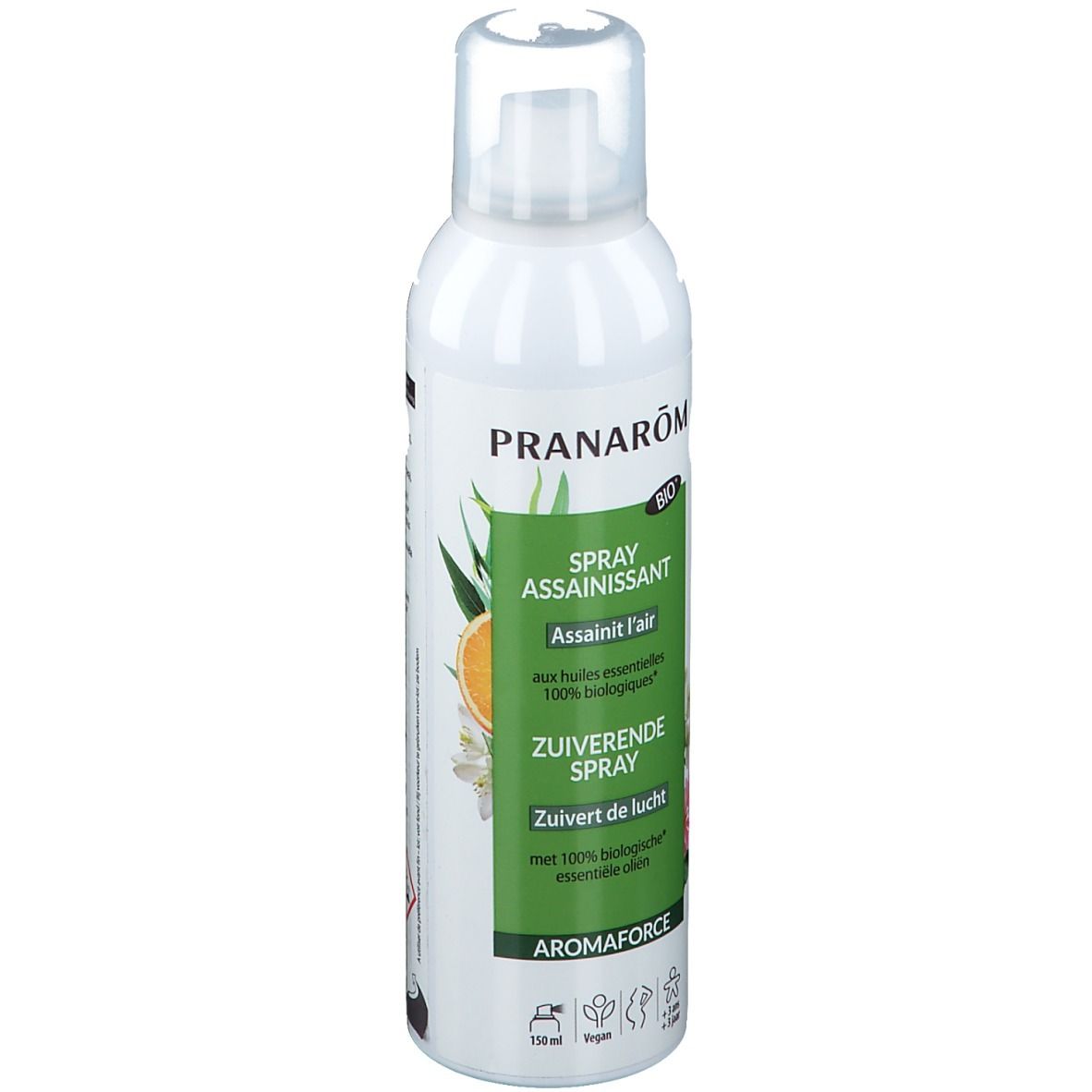 Spray blanc avec étiquette verte. Inscription: Pranarôm, Spray assainissant, Aromaforce. Avec label bio.