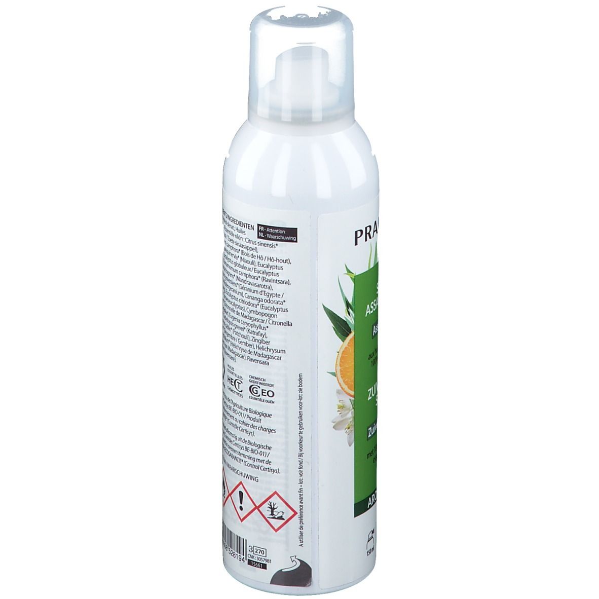 Dos du spray blanc. Texte: ingrédients, avertissements et certifications. Avec label bio.