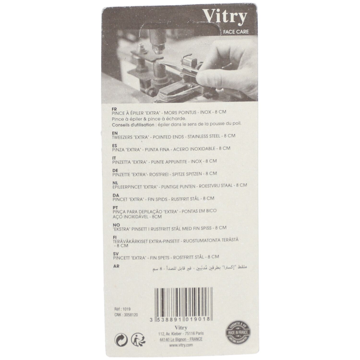 Vitry Pinzette 'Extra', spitz, Edelstahl, 8 cm.