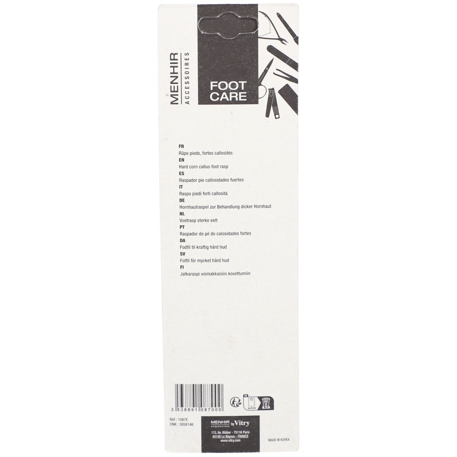 Emballage produit avec texte: Foot Care. Texte multilingue. Logo Menhir Accessoires. Logo Vitry.