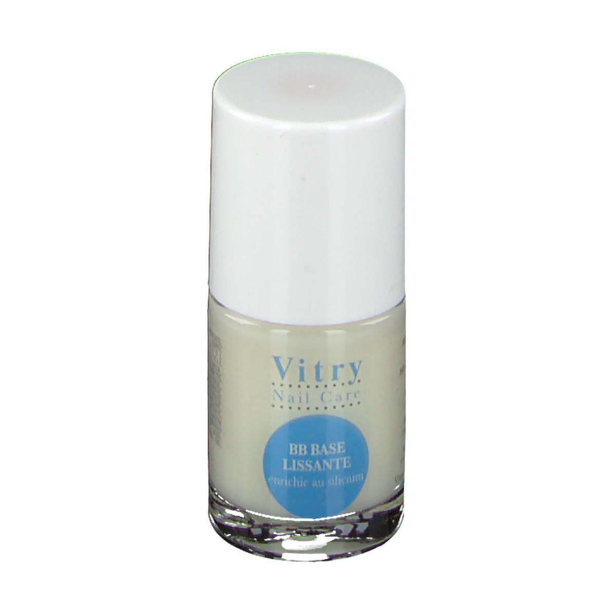 Flacone di smalto con tappo bianco. Adesivo blu con testo: BB BASE lissante enrichie en silicium. Vitry Nail Care.