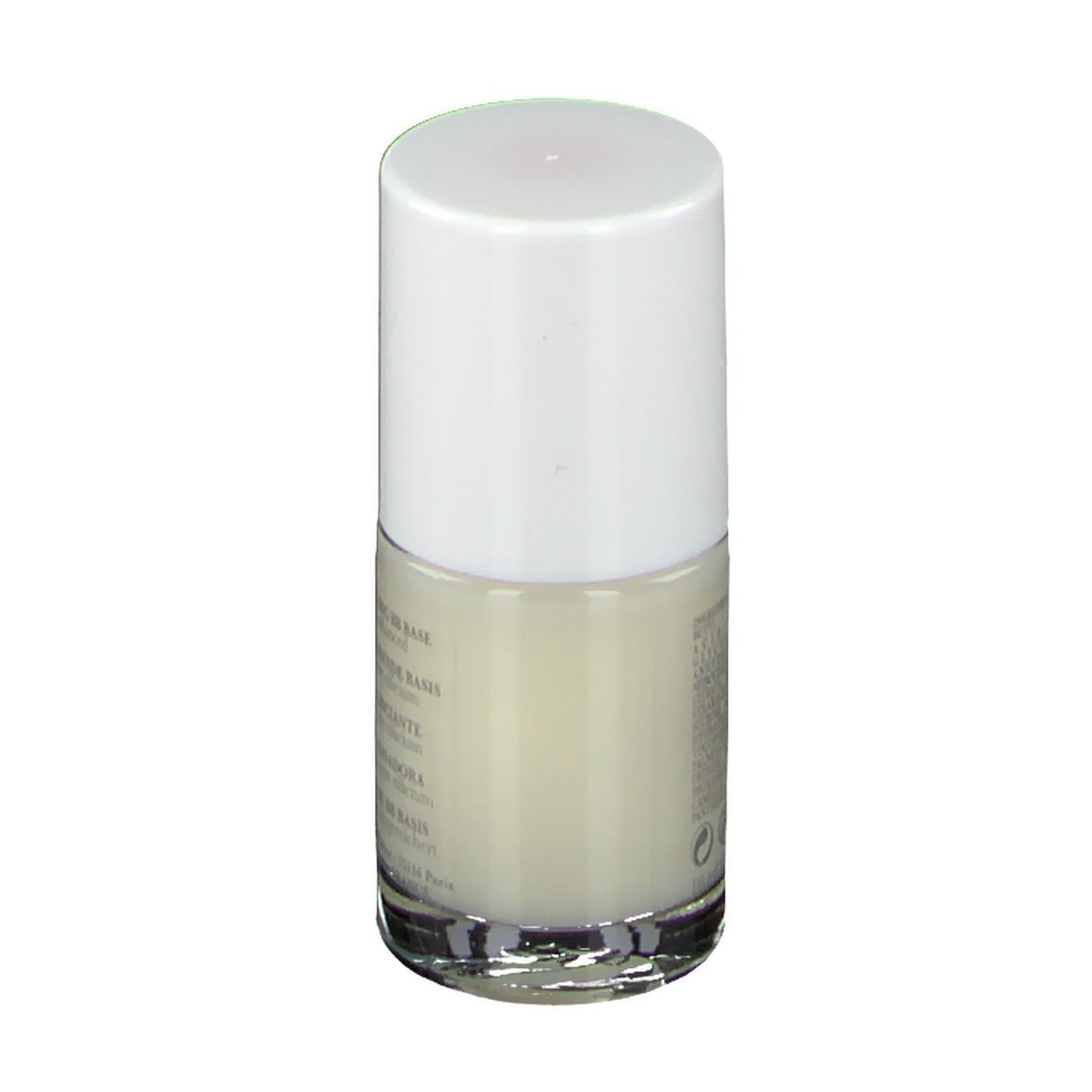 Flacone di smalto con tappo bianco. Scritte: RIDGE FILLING BB BASE, BB BASE LISCIANTE, BB BASE ALISADORA, GLÄTTENDE BB BASIS.