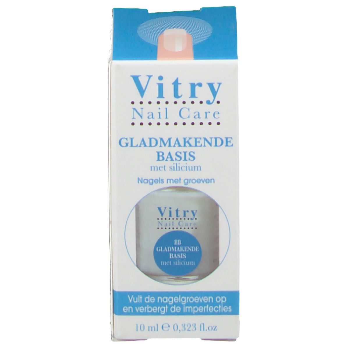 Confezione. Scritte: Vitry Nail Care, GLADMAKENDE BASIS met silicium. 10 ml.