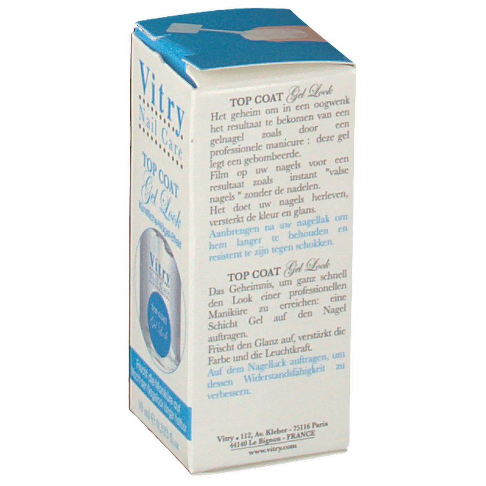 Rückseite der Kartonverpackung mit Text in mehreren Sprachen. Enthält Informationen zum Produkt und zur Marke Vitry.