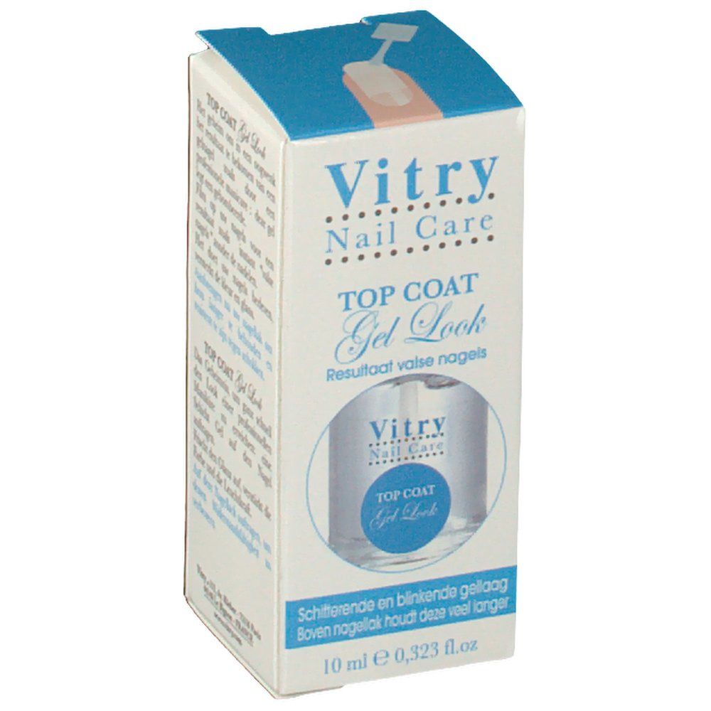 Kartonverpackung mit Vitry Nail Care Top Coat Gel-Look. Flasche mit durchsichtigem Inhalt. Blaue und weiße Verpackung mit Produktinformationen.