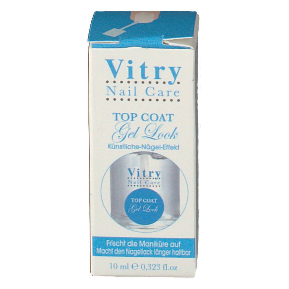 Kartonverpackung mit Vitry Nail Care Top Coat Gel-Look. Flasche mit durchsichtigem Inhalt. Blaue und weiße Verpackung mit Produktinformationen.