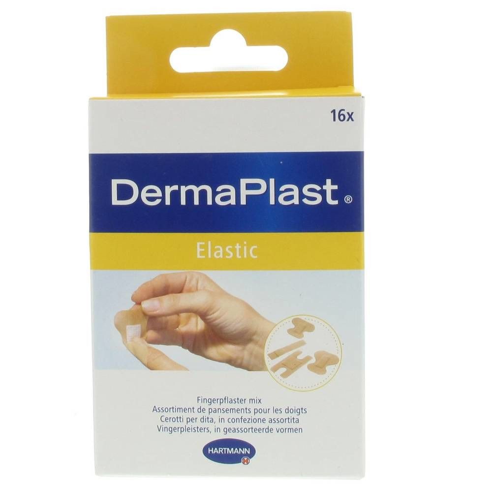 Boîte de pansements pour doigts DermaPlast® Elastic. Boîte blanche et jaune avec image du produit et texte.