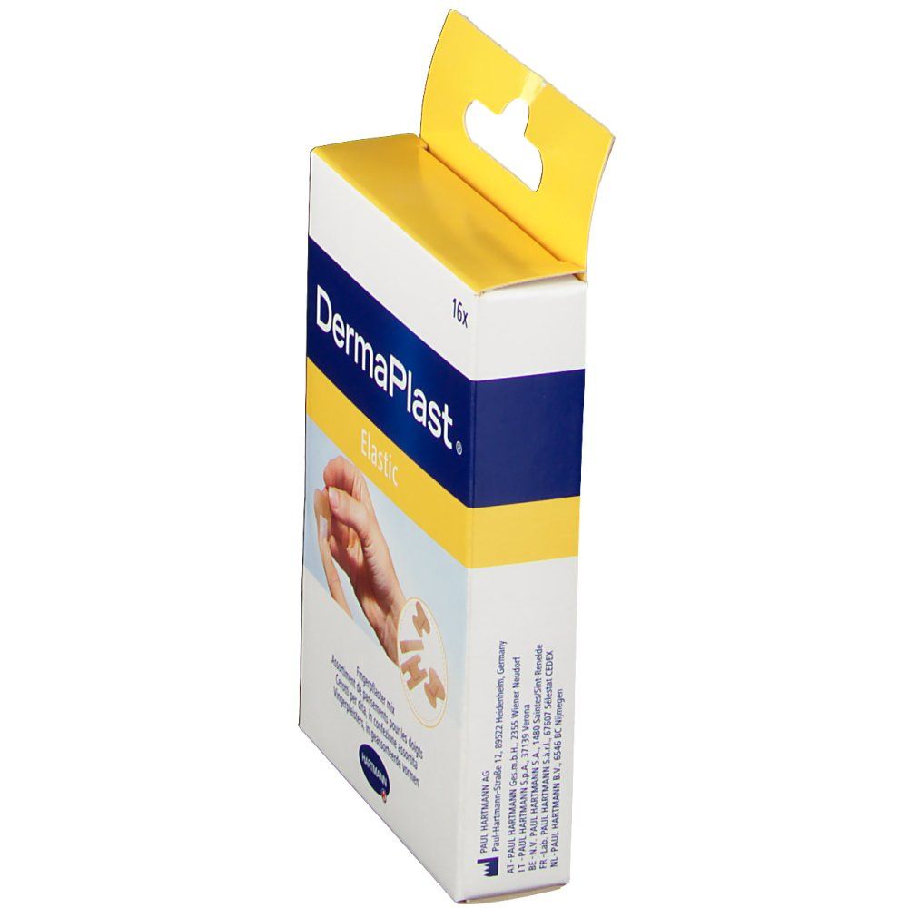 Vue latérale de la boîte de pansements pour doigts DermaPlast® Elastic. Boîte blanche et jaune avec logo et texte.