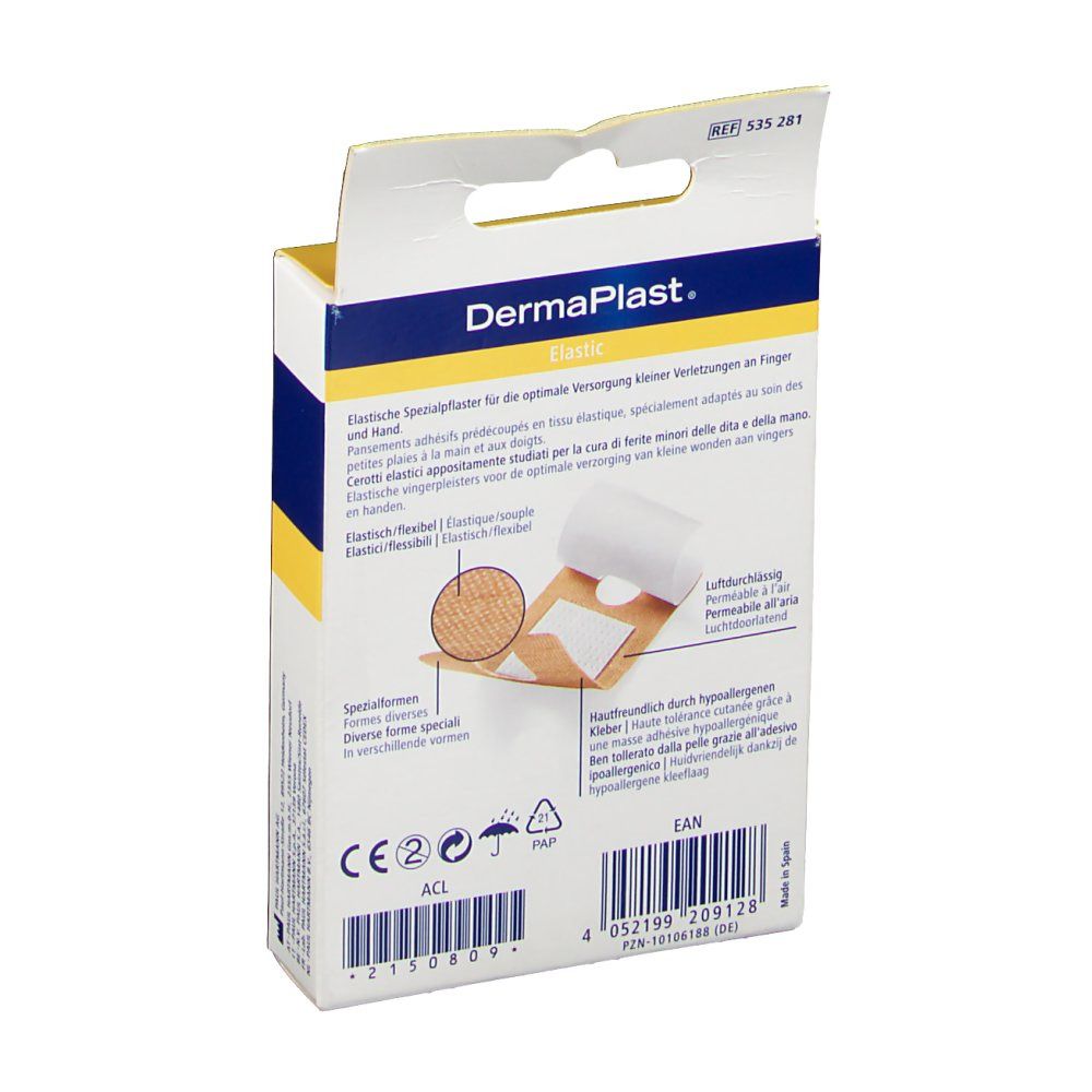 Dos de la boîte de pansements pour doigts DermaPlast® Elastic. Informations sur les ingrédients et l'utilisation.