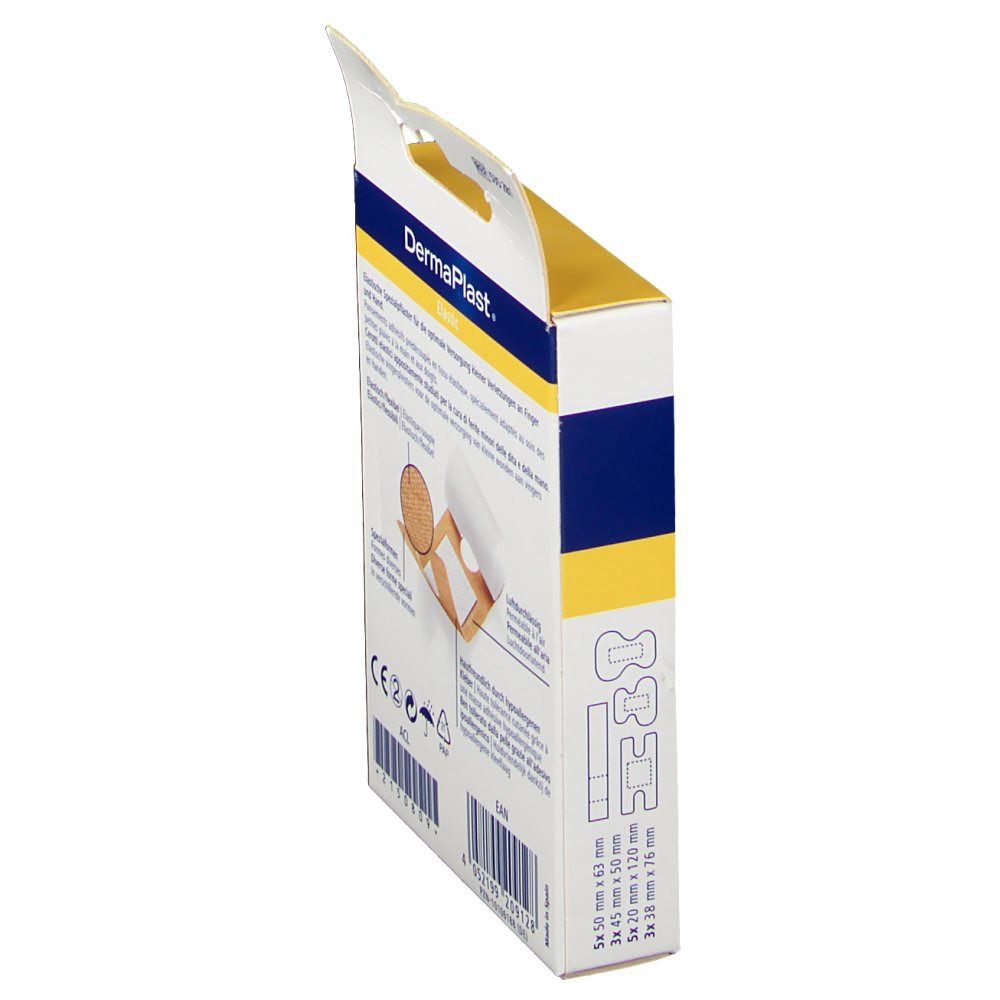 Vue latérale de la boîte de pansements pour doigts DermaPlast® Elastic. Informations sur les tailles et les ingrédients.