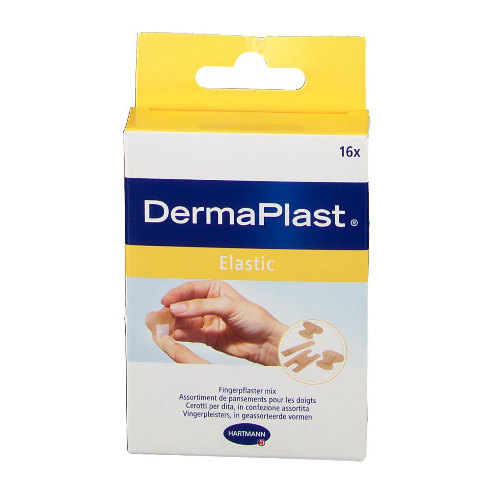 Vue de face de la boîte de pansements pour doigts DermaPlast® Elastic. Boîte blanche et jaune avec image et texte.