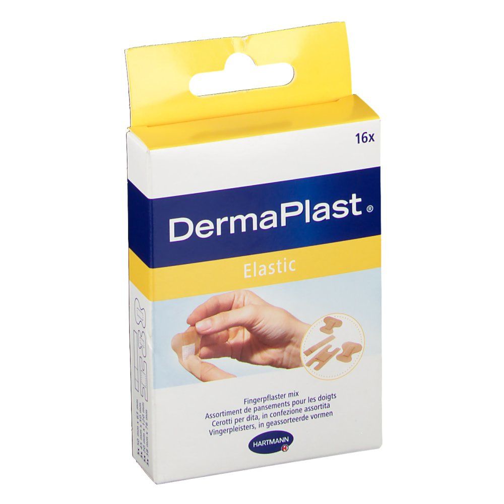 Vue de face de la boîte de pansements pour doigts DermaPlast® Elastic. Boîte blanche et jaune avec image et texte.