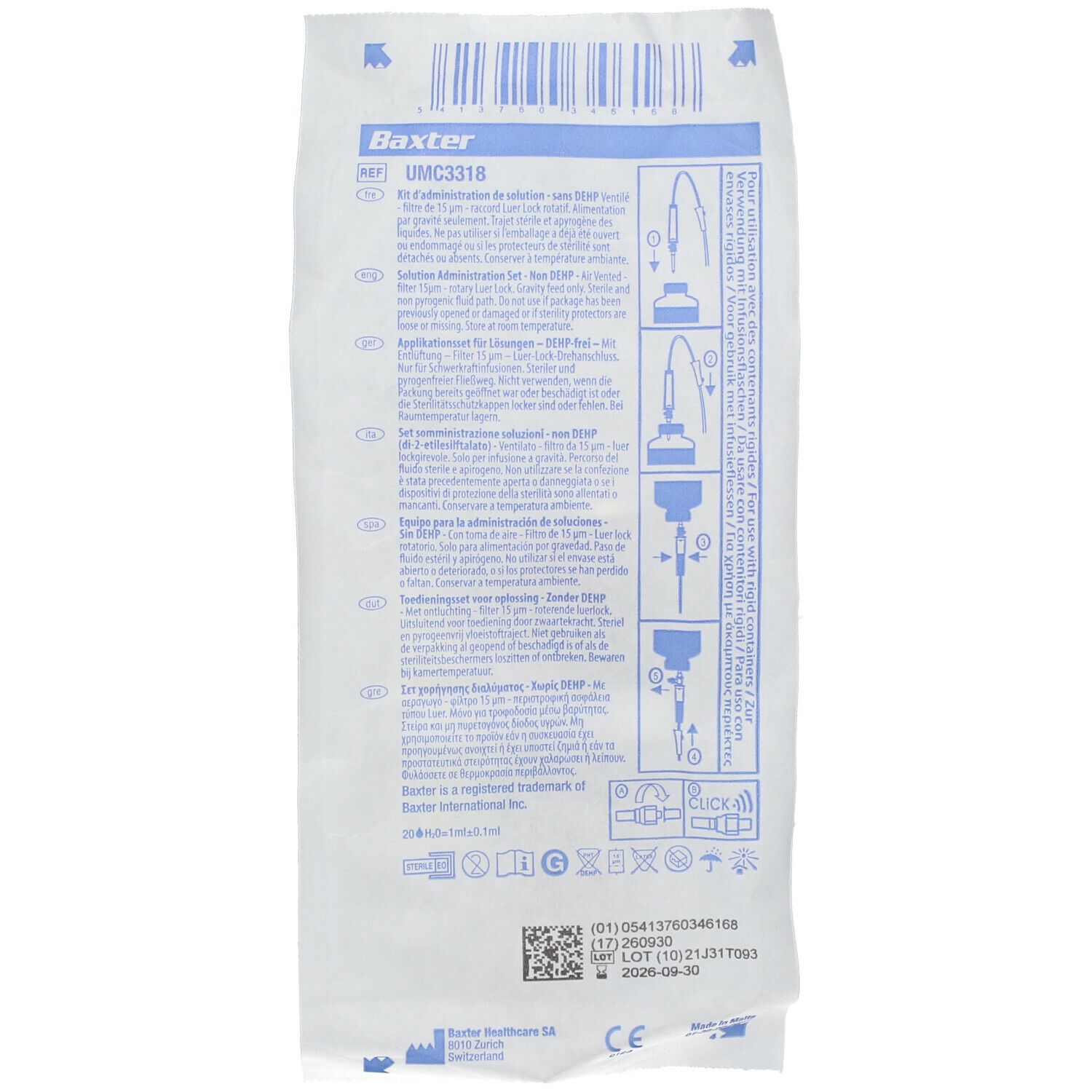 Emballage d'un set de perfusion. Étiquetage avec informations produit et pictogrammes. Marque Baxter.