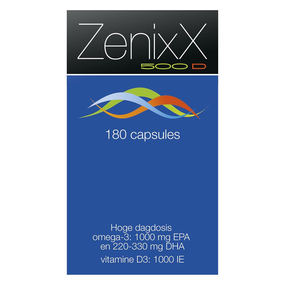 Zenixx 500 D verpakking, 180 capsules. Blauwe voorkant met logo en info.