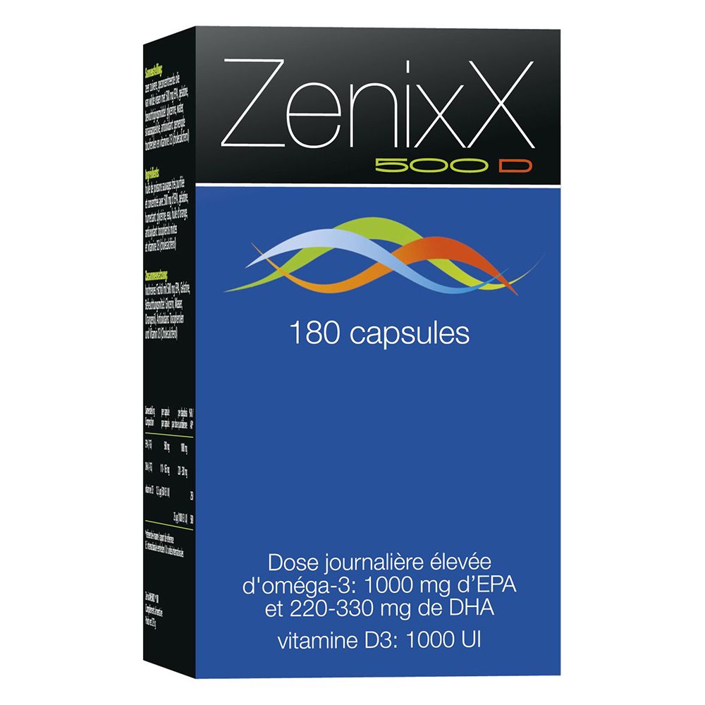 Boîte Zenixx 500 D, 180 capsules. Face bleue avec logo et informations produit.