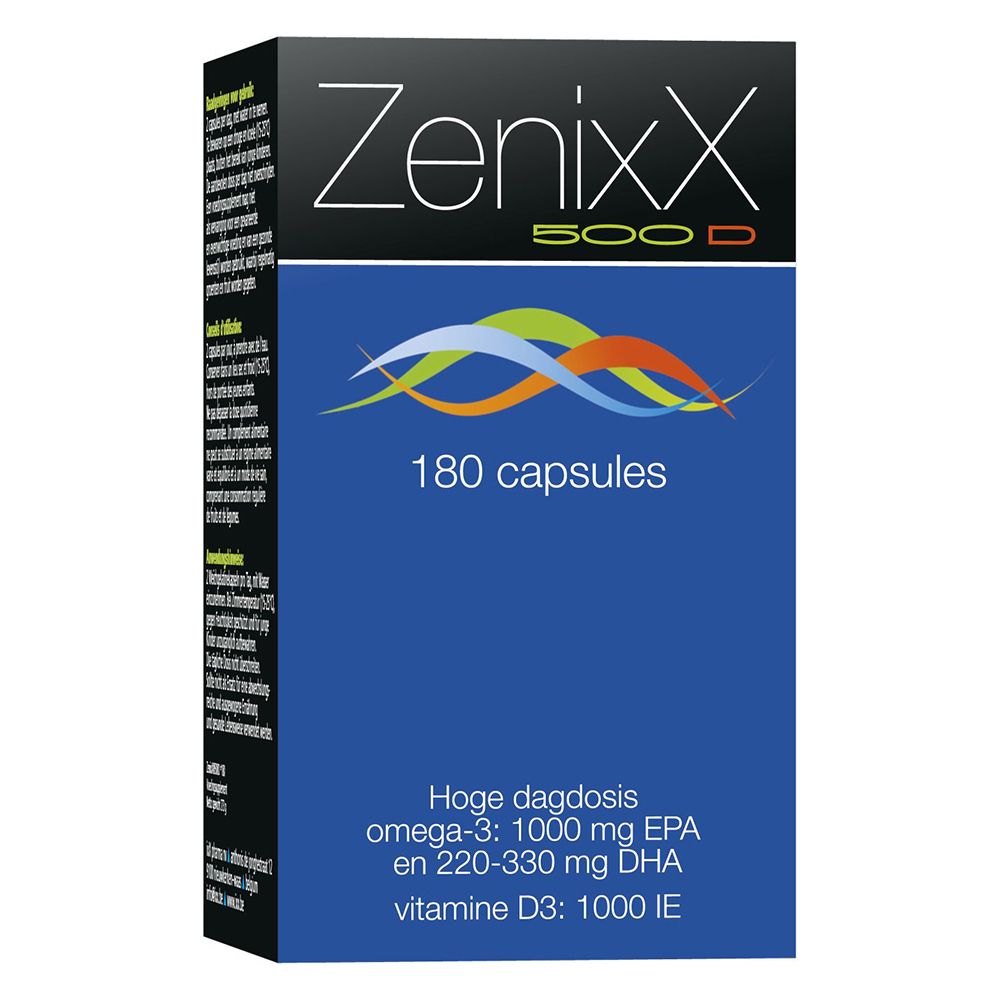 Zenixx 500 D verpakking, 180 capsules. Blauwe voorkant met logo en info.