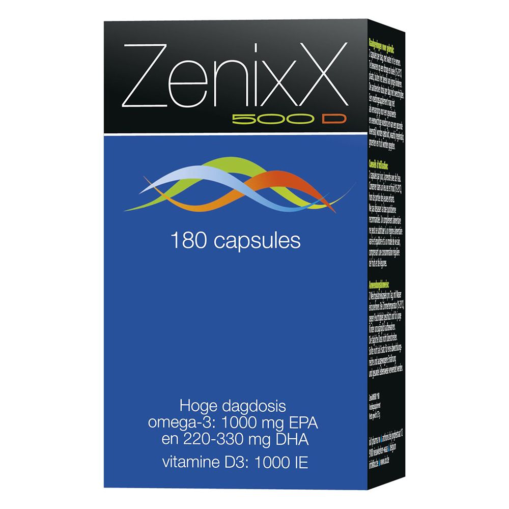 Boîte Zenixx 500 D, 180 capsules. Face bleue avec logo et informations produit.