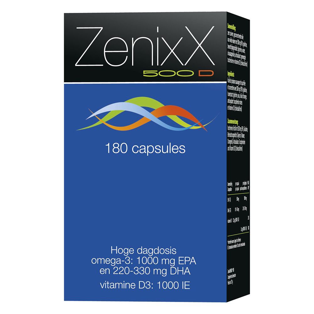 Zenixx 500 D verpakking, 180 capsules. Blauwe voorkant met logo en info.
