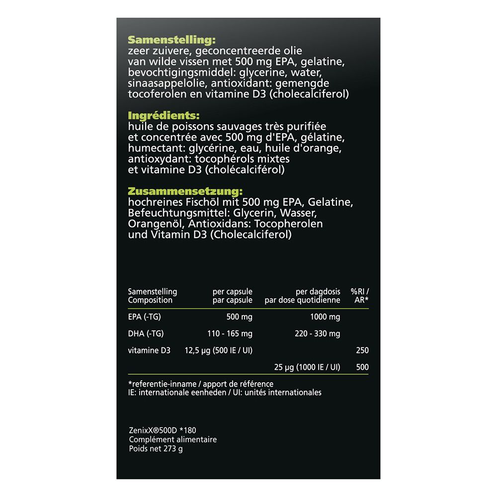 Zenixx 500 D verpakking, 180 capsules. Blauwe voorkant met logo en info.