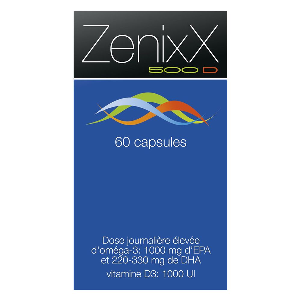 Emballage du produit. Inscription: Zenixx 500 D, 60 gélules. Emballage bleu avec texte.