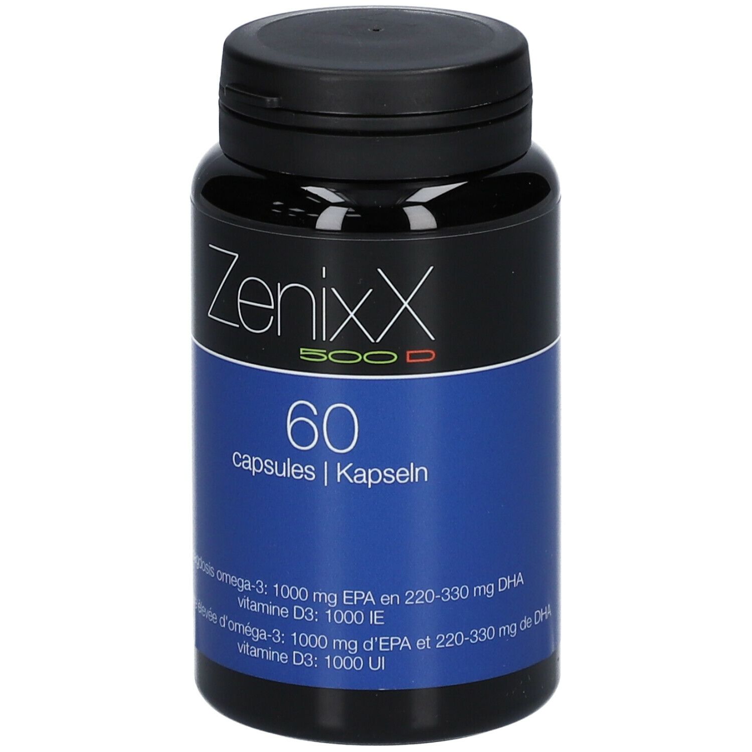 Flacon noir de gélules. Inscription: Zenixx 500 D, 60 gélules. Étiquette bleue avec texte.