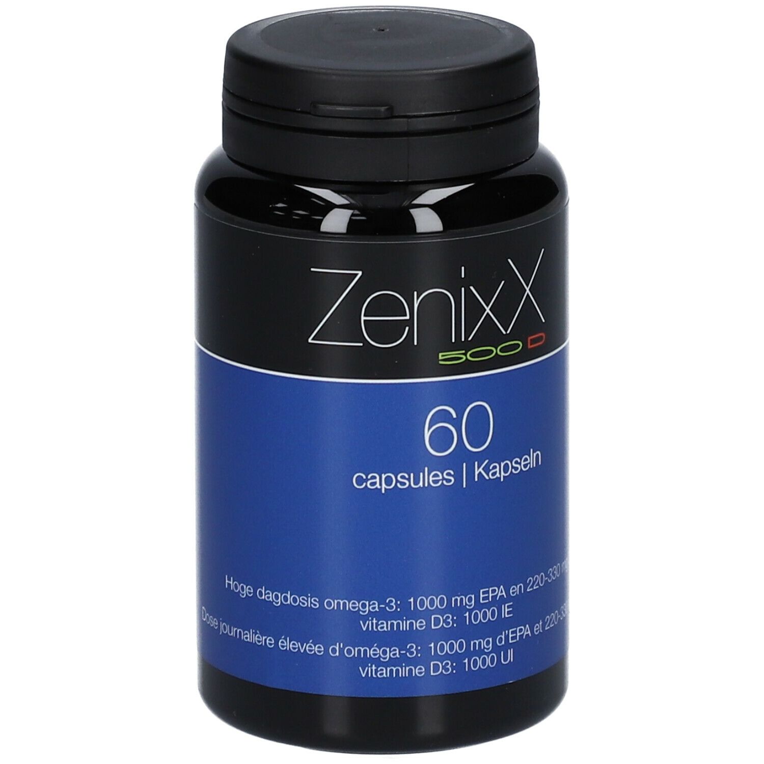 Flacon noir de gélules. Inscription: Zenixx 500 D, 60 gélules. Étiquette bleue avec texte.
