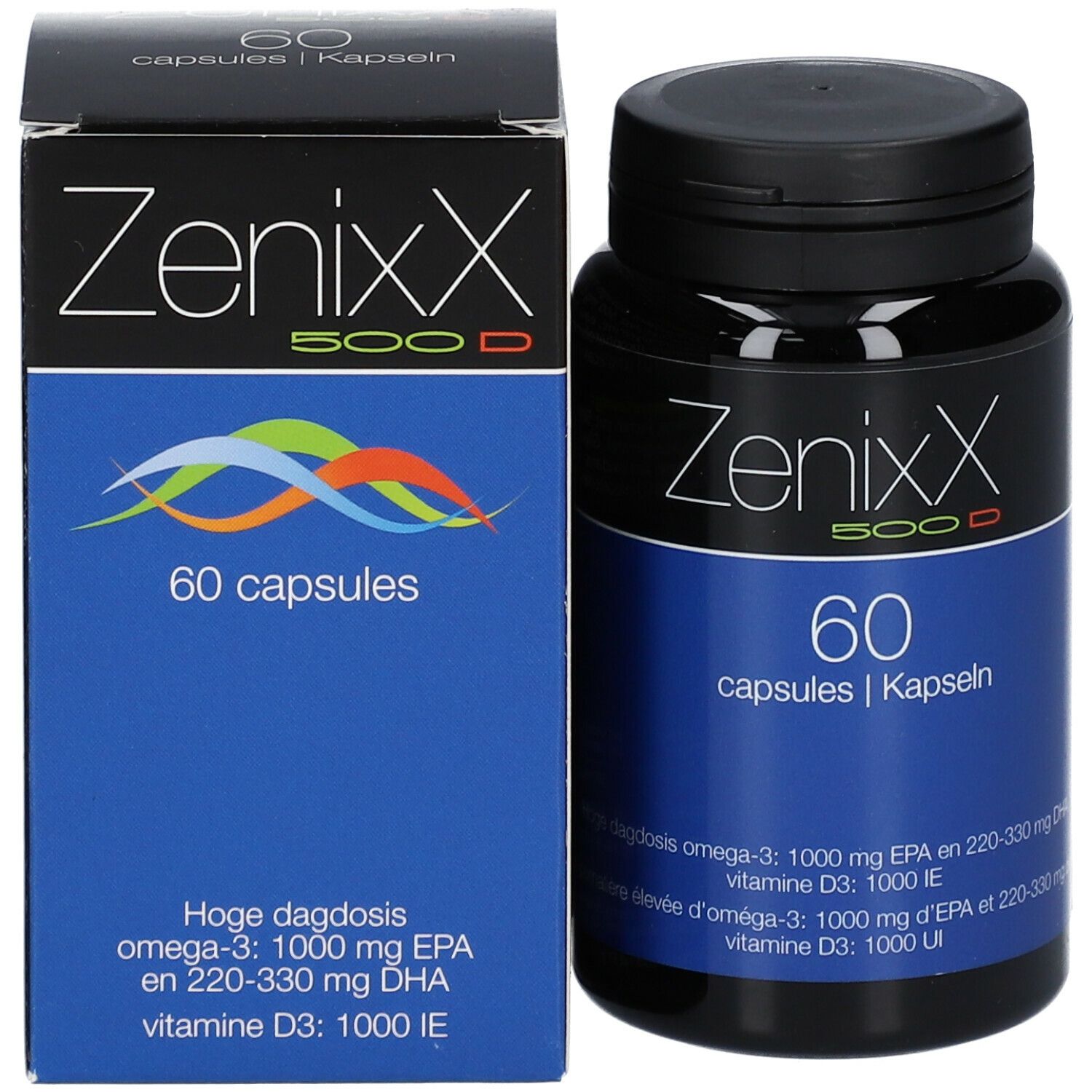 Emballage du produit avec flacon et boîte. Inscription: Zenixx 500 D, 60 gélules. Emballage bleu.