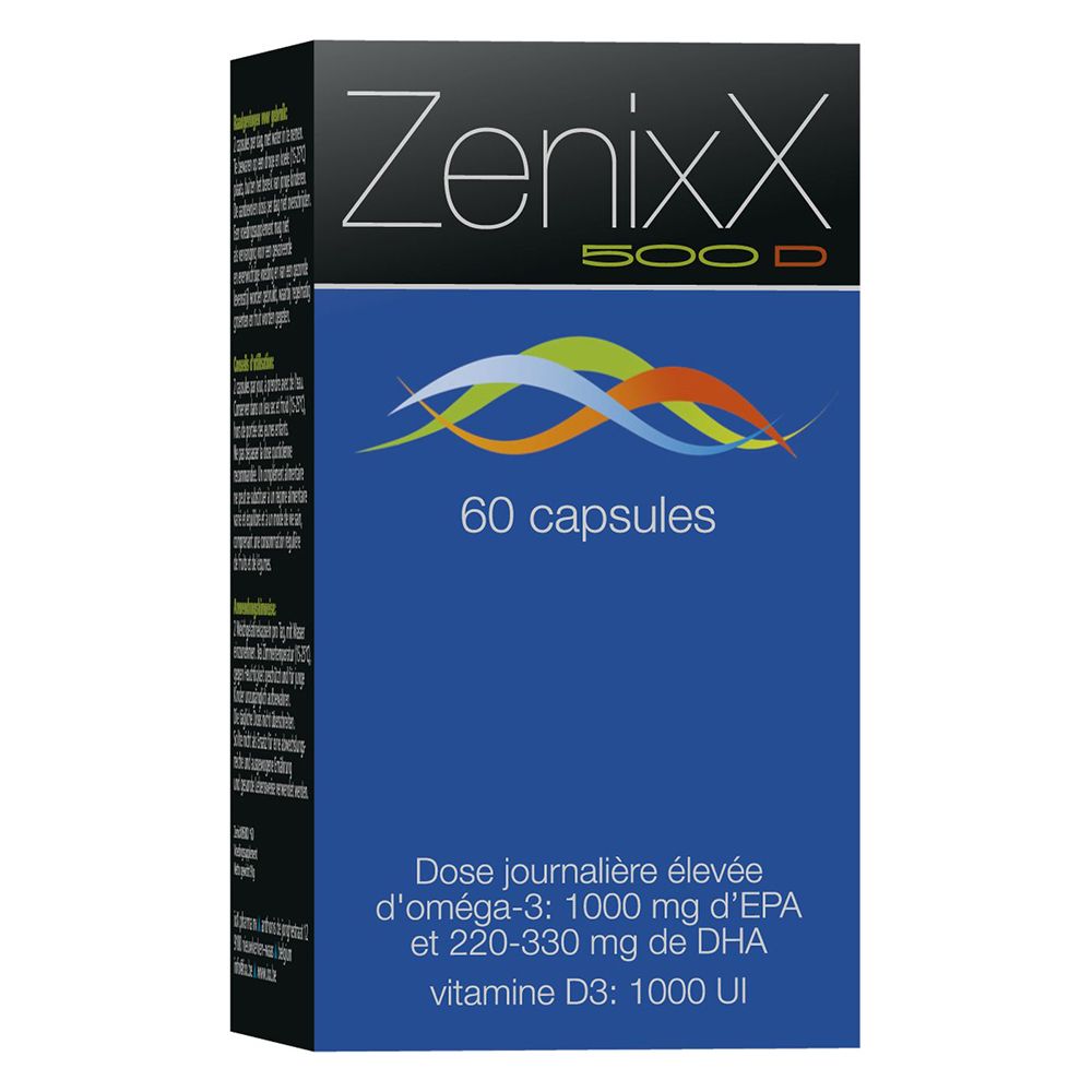 Emballage du produit. Inscription: Zenixx 500 D, 60 gélules. Emballage bleu avec texte.