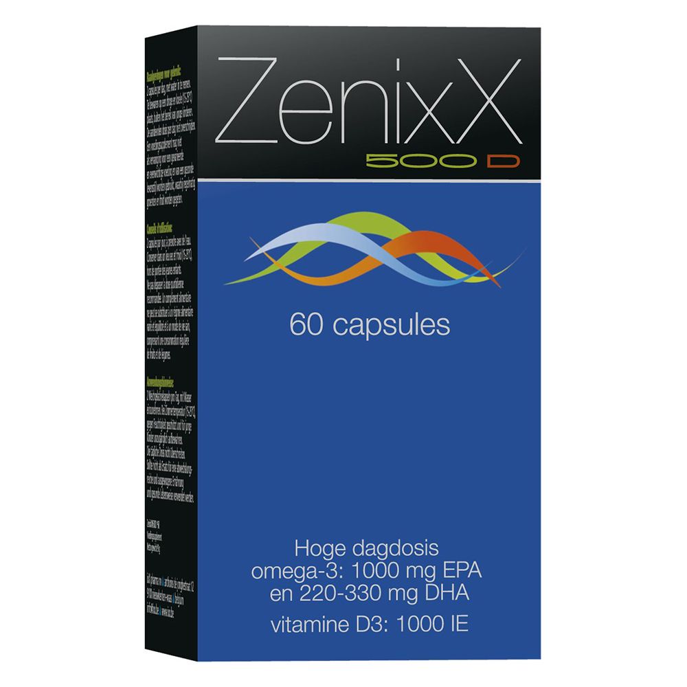 Productverpakking. Opschrift: Zenixx 500 D, 60 capsules. Blauwe verpakking met tekst.