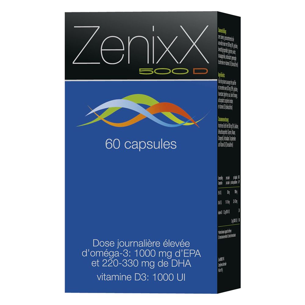 Emballage du produit. Inscription: Zenixx 500 D, 60 gélules. Emballage bleu avec texte.