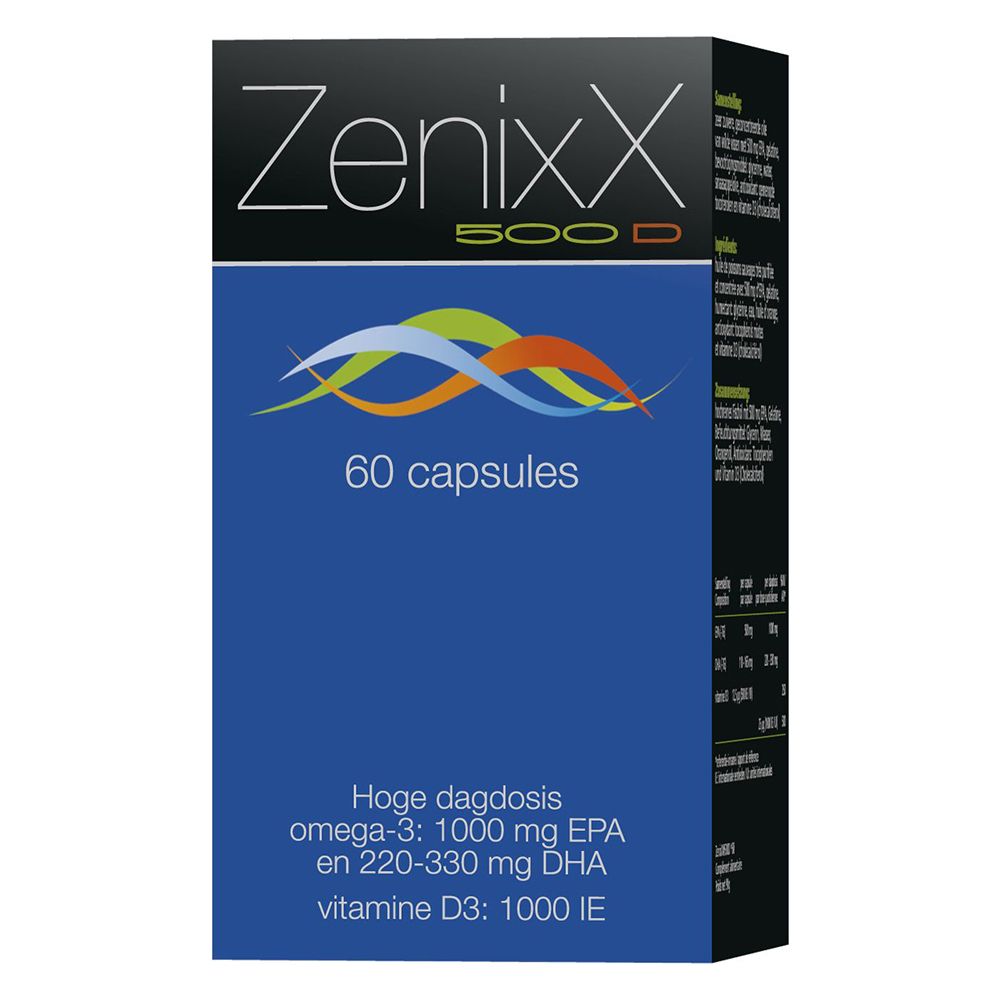 Productverpakking. Opschrift: Zenixx 500 D, 60 capsules. Blauwe verpakking met tekst.