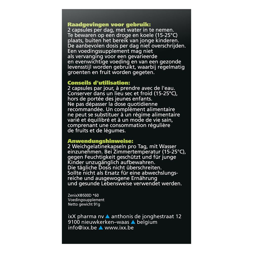 Emballage du produit. Inscription: Zenixx 500 D, 60 gélules. Emballage bleu avec texte.