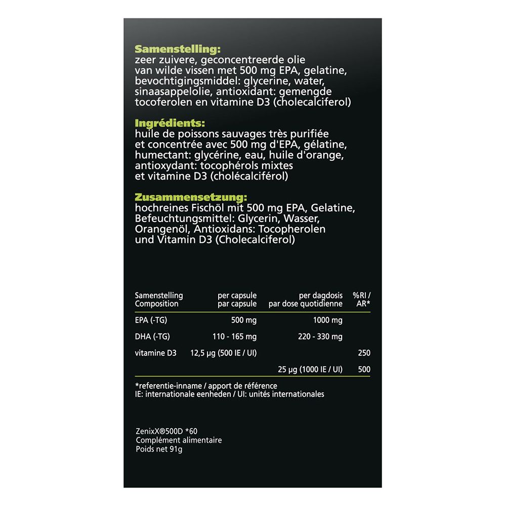 Productverpakking. Opschrift: Zenixx 500 D, 60 capsules. Blauwe verpakking met tekst.