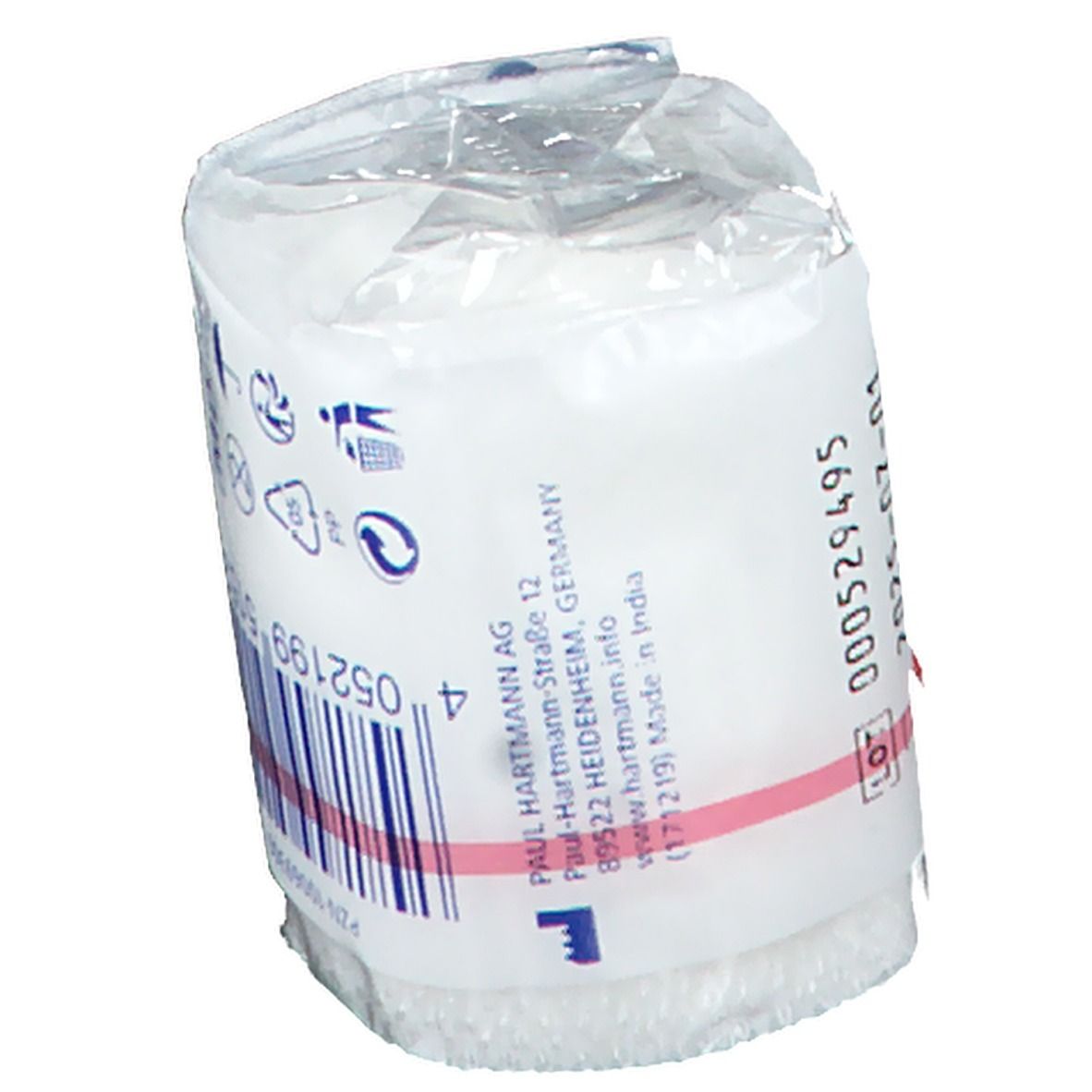 Bande de fixation élastique roulée et emballée. Informations du fabricant sur l'emballage.