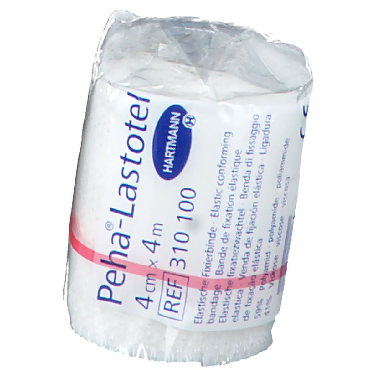 Bande de fixation élastique roulée et emballée. Nom du produit et marque visibles. 4cm x 4m.